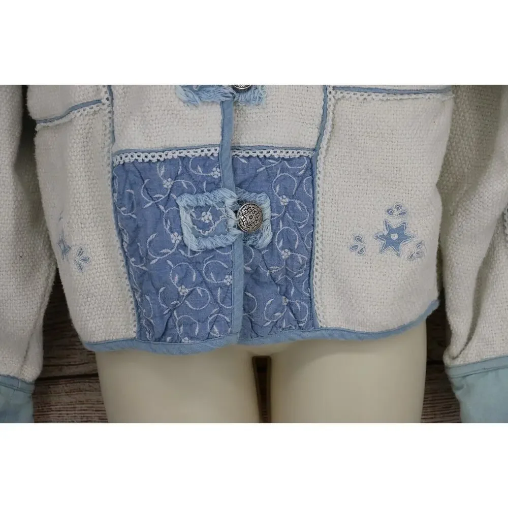 VINTAGE Flashback Womens Sz Large Tapestry Heavy Knit Jacket White Denim Blue - Picture 5 of 7